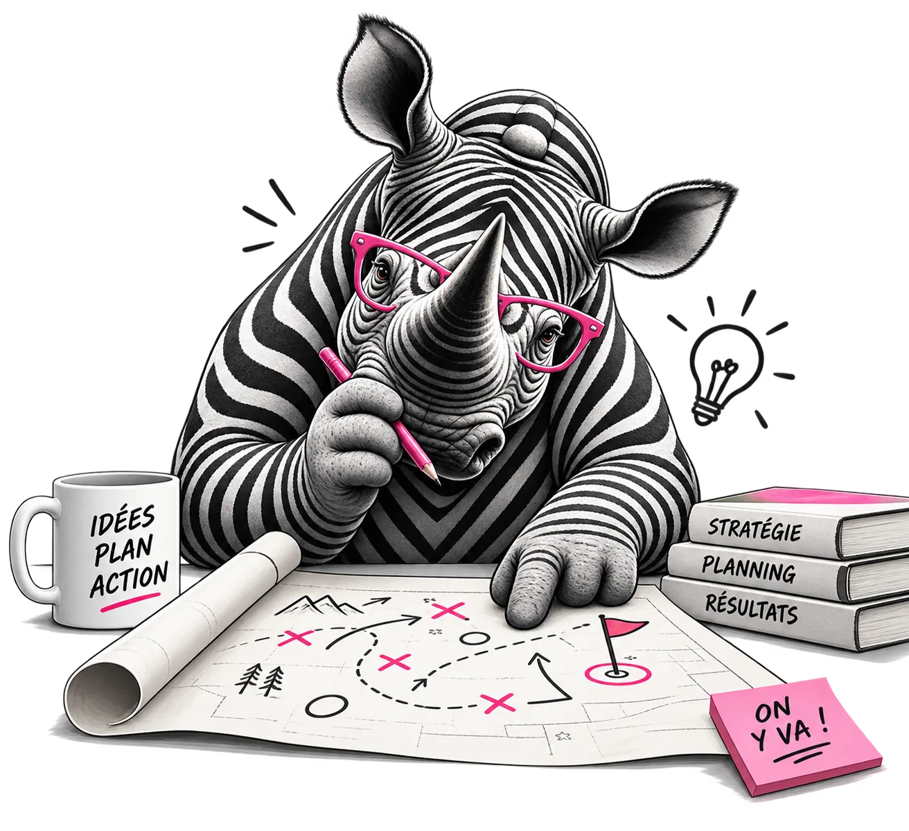 Mascotte rhino de 88strat étudiant un plan de stratégie