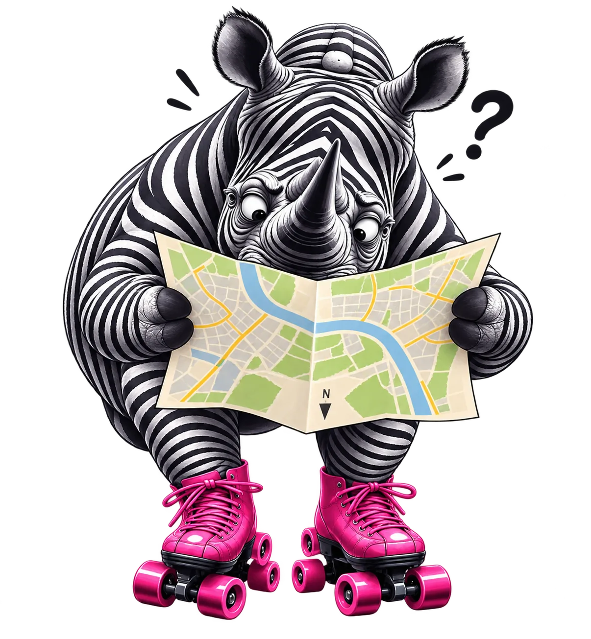 Mascotte rhino de 88strat consultant une carte pour trouver nos bureaux