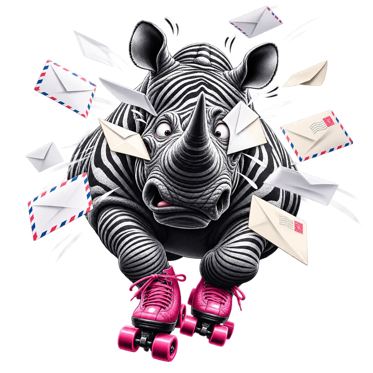 Mascotte rhino à rollers entourée d'enveloppes : newsletter 88strat