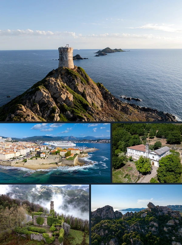 Vue aérienne par drone d'un littoral corse rocheux et boisé
