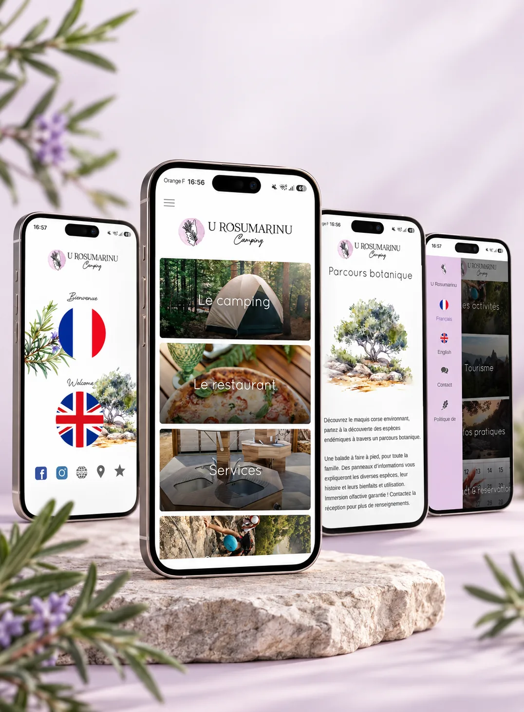 Application mobile et site web en français et en anglais, maquettes sur smartphones