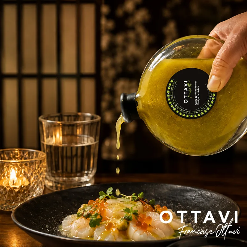 Oliu Ottavi : huile d'olive versée sur un plat, identité et communication de la marque